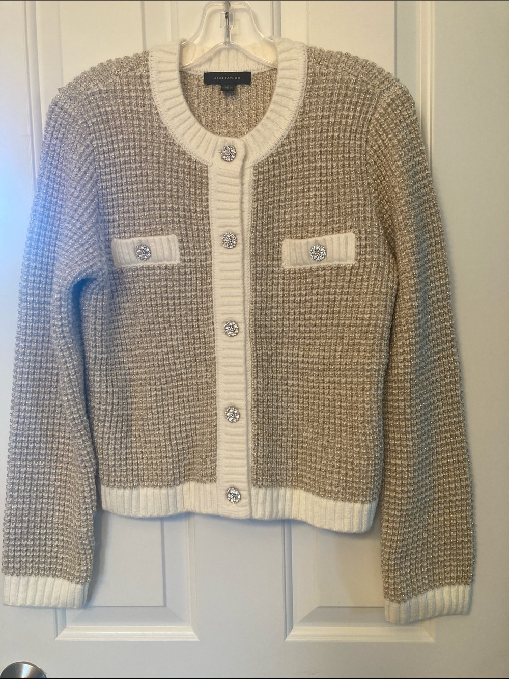 Ann Taylor Beige and Cream Textured Button Cardigan,size-S, stretchy